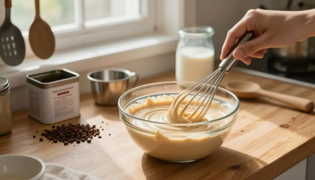 A visually appealing kitchen scene focused on the preparation of coffee cream for cake, highlighting a wooden countertop adorned with a glass bowl filled with rich, creamy coffee mixture. In the foreground, a hand gently stirs the cream with a whisk, creating soft, swirling motions. The middle ground showcases an open tin of coffee granules, a measuring cup, and a can of condensed milk, all arranged artfully. In the background, soft natural light streams through a window, casting a warm glow across the scene. A hint of rustic charm is added with vintage kitchen utensils hanging on the wall. The overall mood is inviting and cozy, perfect for a home baking atmosphere. The image captures both the texture of the cream and the ingredients in a harmonious, aesthetically pleasing manner. A visually appealing kitchen scene focused on the preparation of coffee cream for cake, highlighting a wooden countertop adorned with a glass bowl filled with rich, creamy coffee mixture. In the foreground, a hand gently stirs the cream with a whisk, creating soft, swirling motions. The middle ground showcases an open tin of coffee granules, a measuring cup, and a can of condensed milk, all arranged artfully. In the background, soft natural light streams through a window, casting a warm glow across the scene. A hint of rustic charm is added with vintage kitchen utensils hanging on the wall. The overall mood is inviting and cozy, perfect for a home baking atmosphere. The image captures both the texture of the cream and the ingredients in a harmonious, aesthetically pleasing manner.