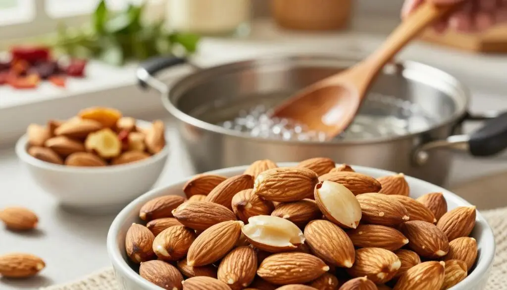 A visually appealing kitchen scene showcasing the preparation of almonds. In the foreground, a bowl filled with glistening, pre-soaked raw almonds, some partially blanched, revealing their pale golden skins. In the middle, a pot of boiling water with a wooden spoon next to it and a small bowl filled with toasted, golden-brown almonds, indicating the roasting process. The background features a sun-drenched kitchen countertop with vibrant ingredients like herbs and dried fruits, creating an inviting atmosphere. Soft, warm lighting enhances the textures of the almonds and the wooden elements. The overall mood is warm and inviting, emphasizing the art of nut preparation through a natural, rustic aesthetic.