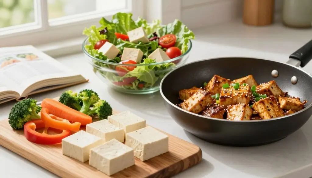 A visually appealing kitchen scene showcasing various practical ways to incorporate tofu into meals. In the foreground, a wooden cutting board displays expertly sliced tofu cubes alongside colorful vegetables like bell peppers, carrots, and broccoli. A frying pan sizzles with stir-fried tofu, garnished with green onions and sesame seeds, creating a rich and inviting texture. In the middle ground, a vibrant salad bowl filled with mixed greens, cherry tomatoes, and tofu cubes is ready to serve, while a small cookbook open at a recipe page adds a touch of functionality. The background features soft, natural lighting filtering through a window, enhancing the warmth of the scene. The overall mood is fresh, healthy, and inspiring, tailored for anyone looking to add nutritious tofu dishes to their diet.