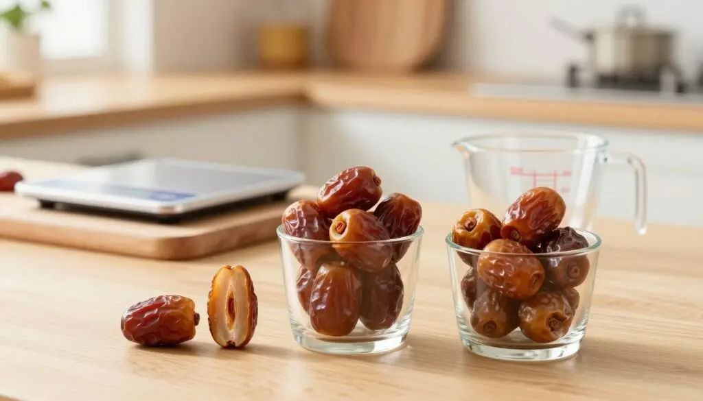 A visually appealing scene depicting various measurements of dates in a kitchen setting. Foreground: a transparent glass containing a quarter, half, and three-quarters full of dates, arranged neatly. Middle ground: a wooden cutting board with a small kitchen scale displaying grams next to a measuring cup, emphasizing precision. Background: a cozy kitchen atmosphere with soft, natural lighting filtering in through a window, highlighting the textures of the dates and kitchen surfaces. The colors should be warm and inviting, with a focus on earthy tones, showcasing the rich brown of the dates against the light wood. The overall mood should feel informative and inviting, perfect for educating readers about measuring dates accurately.