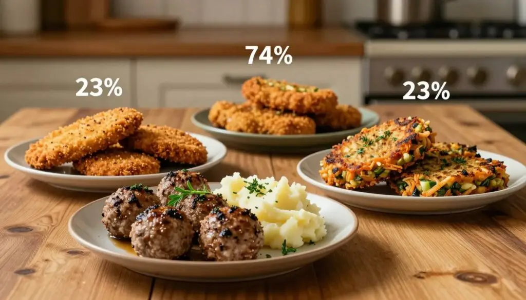 A visually engaging comparison of different types of cutlets, including meatballs, schnitzels, and vegetable patties, arranged on a wooden table. The foreground features a beautifully plated meatball cutlet, garnished with fresh herbs and accompanied by a side of mashed potatoes. In the middle, showcase various cutlet types with their caloric values displayed subtly beside them, ensuring clarity without text. The background should include a rustic kitchen setting with warm, ambient lighting, creating a cozy atmosphere. Use a soft focus effect to highlight the cutlets, while the overall composition is balanced, inviting viewers to explore and understand the nutritional differences. The mood is informative yet inviting, appealing to food enthusiasts and health-conscious readers alike.