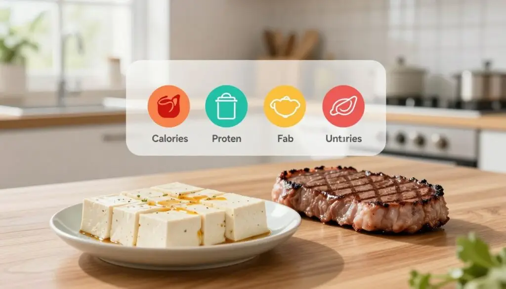 A visually engaging comparison of tofu and meat, presented on a wooden table. In the foreground, a vibrant plate of fresh tofu, artfully sliced and marinated, sits next to a perfectly grilled steak, showcasing their textures. The middle ground features a nutrient chart with colorful icons illustrating calories, protein, fat, and nutritional benefits of both tofu and meat, styled in an appealing infographic manner. The background displays a softly lit kitchen ambiance, with natural light filtering through a window, enhancing the organic feel of the scene. The atmosphere is informative yet inviting, ideal for a health-conscious audience. Emphasize a clean, modern aesthetic with a focus on healthy eating.