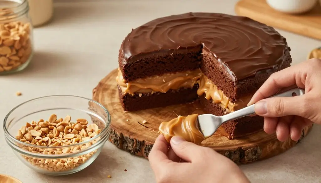 A visually engaging step-by-step illustration of assembling a Snickers cake layer by layer. In the foreground, show hands delicately placing layers of rich chocolate sponge cake interspersed with creamy peanut butter frosting and caramel sauce. Include a transparent glass bowl filled with crushed peanuts and a spatula for spreading frosting. In the middle, showcase the partially constructed cake on a rustic wooden board, with neat layers clearly visible, glistening with a glossy ganache finish. The background should be softly blurred to highlight the cake, featuring warm kitchen lighting that enhances the inviting atmosphere, and a hint of warm-toned kitchen utensils and ingredients. Use a top-down angle to capture the process, inviting viewers to envision their own baking experience.