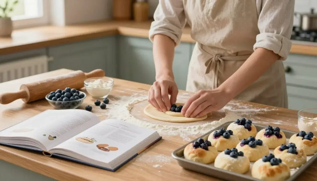 A warm, inviting kitchen scene showcasing the step-by-step preparation of traditional blueberry buns (jagodzianki). In the foreground, a wooden countertop covered with flour, fresh blueberries, and ingredients neatly arranged for baking. An open cookbook displays an elegant, illustrated recipe. In the middle, a skilled person in modest casual clothing is rolling out dough and carefully placing blueberries inside, with a focused yet joyful expression. The background features rustic cabinets and soft natural lighting filtering through a window, creating a cozy atmosphere. The overall mood is cheerful and homely, reflecting the comforting experience of baking. The shot is captured from a slightly elevated angle to offer a clear view of the preparation process, with a warm color palette enhancing the inviting ambiance.