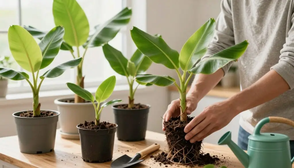 A well-lit indoor gardening setting showcasing the process of transplanting and propagating banana plants (Musa acuminata). In the foreground, a gardener with modest casual clothing is carefully removing a young banana plant from its original pot, with soil and roots visible. In the middle ground, multiple banana plants of varying sizes, some potted and others in larger containers, exhibit lush green leaves. The background features natural light streaming in through a window, creating a warm, inviting atmosphere. The scene is accented with gardening tools like a trowel and watering can, enhancing the theme of nurturing plant growth. The overall mood reflects care and dedication to plant cultivation. A well-lit indoor gardening setting showcasing the process of transplanting and propagating banana plants (Musa acuminata). In the foreground, a gardener with modest casual clothing is carefully removing a young banana plant from its original pot, with soil and roots visible. In the middle ground, multiple banana plants of varying sizes, some potted and others in larger containers, exhibit lush green leaves. The background features natural light streaming in through a window, creating a warm, inviting atmosphere. The scene is accented with gardening tools like a trowel and watering can, enhancing the theme of nurturing plant growth. The overall mood reflects care and dedication to plant cultivation.