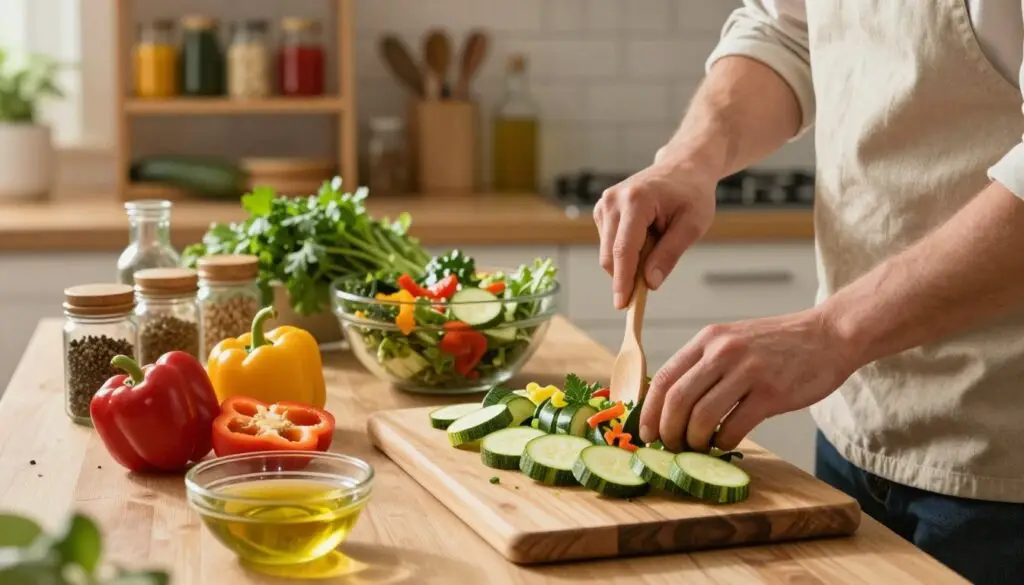 A well-organized kitchen counter scene showcasing the step-by-step preparation of a zucchini salad for winter. In the foreground, a wooden cutting board with freshly sliced zucchini, colorful bell peppers, and a bowl of olive oil. A chef in modest casual clothing gently mixes ingredients with a wooden spoon, their hands in action. In the middle ground, a vibrant array of spices in small jars and a salad bowl waiting to be filled, surrounded by fresh herbs. The background features a cozy kitchen atmosphere with warm, soft lighting, and wooden shelves lined with canned vegetables. The focus is on the joyful, meticulous process of creating a healthy salad, evoking a warm, inviting, and homely mood.