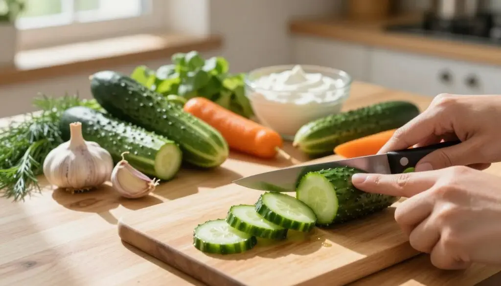 A wooden kitchen table filled with fresh cucumbers being sliced for preparing mizeria. Brightly colored ingredients like garlic, dill, and yogurt are arranged artistically in the background, hinting at the recipe process. The foreground features a hand skillfully slicing cucumbers with a sharp knife, each slice glistening in the light, emphasizing freshness. Warm, natural lighting floods the scene, creating a cozy and inviting atmosphere. Soft shadows form as the afternoon sun streams through a nearby window, casting an aesthetic glow over the vegetables. This tranquil kitchen setting should evoke a sense of homey comfort and healthiness, perfect for illustrating the art of preparing mizeria for winter. A wooden kitchen table filled with fresh cucumbers being sliced for preparing mizeria. Brightly colored ingredients like garlic, dill, and yogurt are arranged artistically in the background, hinting at the recipe process. The foreground features a hand skillfully slicing cucumbers with a sharp knife, each slice glistening in the light, emphasizing freshness. Warm, natural lighting floods the scene, creating a cozy and inviting atmosphere. Soft shadows form as the afternoon sun streams through a nearby window, casting an aesthetic glow over the vegetables. This tranquil kitchen setting should evoke a sense of homey comfort and healthiness, perfect for illustrating the art of preparing mizeria for winter.