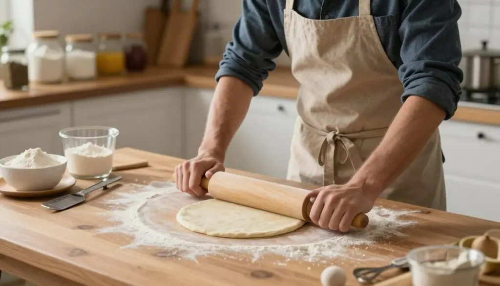 A wooden kitchen table is showcased in the foreground, where a skilled baker, dressed in a modest apron and casual clothing, expertly rolls out dough using a traditional rolling pin. The dough, light beige and slightly flour-dusted, is spread thin, revealing its texture. In the background, softly lit shelves display ingredients like flour, sugar, and jars of spices, creating a warm, inviting atmosphere. A few utensils like a measuring cup and pastry cutter are scattered, enhancing the scene's authenticity. The overall lighting is soft and natural, casting gentle shadows and highlighting the baker's focused expression. The angle is slightly above eye level, allowing for a clear view of the cooking process, emphasizing the art of baking in a cozy kitchen setting.