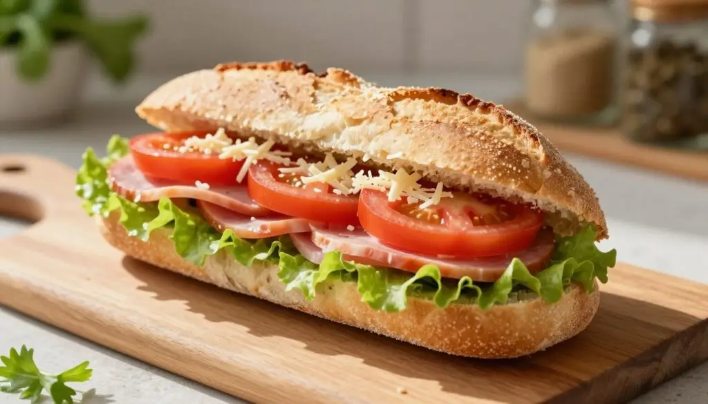 An aesthetically arranged open sandwich on a wooden cutting board, showcasing its key ingredients: slices of ham, fresh lettuce, ripe tomato, and a sprinkle of cheese, all on a golden brown ciabatta roll. Soft, natural sunlight illuminates the scene from the side, casting gentle shadows that create depth. The background features a blurred kitchen setting with hints of herbs and spices in rustic jars, enhancing the inviting atmosphere. Capture the freshness of the ingredients, emphasizing the texture of the bread and the vibrant colors of the vegetables. The angle is slightly from above, drawing focus to the delicious details while evoking a sense of warmth and comfort, perfect for discussing calorie content.
