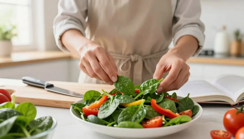 In a bright, well-lit kitchen, a professional nutritionist in modest casual attire prepares a vibrant salad featuring fresh spinach as the central ingredient. The foreground showcases a close-up of the salad, with crisp green spinach leaves mixed with colorful vegetables like cherry tomatoes and bell peppers, highlighting the nutritious value of spinach. The middle ground includes a wooden cutting board, a knife, and an open recipe book that emphasizes healthy eating. In the background, sunlight streams through a window, creating a warm and inviting atmosphere. The overall mood is cheerful and health-focused, emphasizing the benefits of spinach for various individuals. The image is captured with a soft focus, accentuating the freshness of the ingredients while maintaining clarity on the nutritionist’s engaging approach to diet.