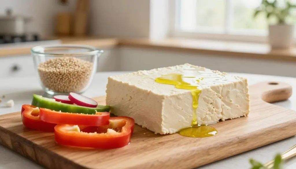 Tofu on a stylish wooden cutting board, with neatly arranged colorful vegetables like bell peppers and radishes, glistening with a drizzle of olive oil. In the background, a subtle blur of a well-designed kitchen, with soft natural light coming through a large window. A measuring cup filled with quinoa sits next to the tofu, emphasizing the nutritional aspect. The scene is warm and vibrant, capturing the essence of healthy eating. The angle is slightly overhead to showcase the tofu’s texture and the freshness of the vegetables. The overall mood is inviting and motivational, inspiring viewers to consider tofu as a valuable component in their calorie-conscious diet.