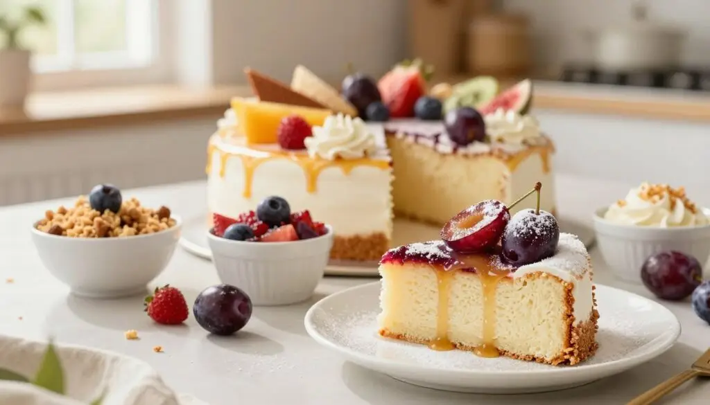 A beautifully arranged cake topped with various delightful garnishes, showcasing ideas for cake toppings. In the foreground, a slice of fluffy cake with juicy plums on a white plate, garnished with a light dusting of powdered sugar and a drizzle of sweet glaze. The middle features small bowls of colorful toppings, including crumbles, icing, and fresh fruit, artistically scattered around the cake. In the background, a softly blurred kitchen setting with warm, natural light streaming through a window, creating a cozy and inviting atmosphere. The composition balances vibrant colors and textures, making the cake the focal point while hinting at the creative options for decoration. The mood is cheerful and appetizing, perfect for inspiring cake enthusiasts.