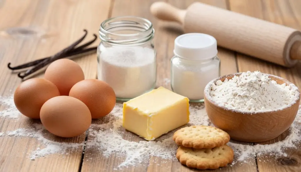 A beautifully arranged collection of traditional ingredients for making "amoniaczki" cookies. In the foreground, display fresh eggs, a stick of butter, and a bowl of flour, all set on a rustic wooden table, with a dusting of flour creating a soft cloud of white. In the middle ground, include a delicate glass jar filled with sugar, a small container of baking ammonia, and a pinch of salt, all artistically placed to highlight their textures. In the background, softly blurred, a few sprigs of fresh vanilla pods and a rolling pin can be seen, evoking a warm, homely atmosphere. The lighting is warm and inviting, simulating the glow of a cozy kitchen, while the focus is sharp on the ingredients, creating an appealing visual for the culinary theme.