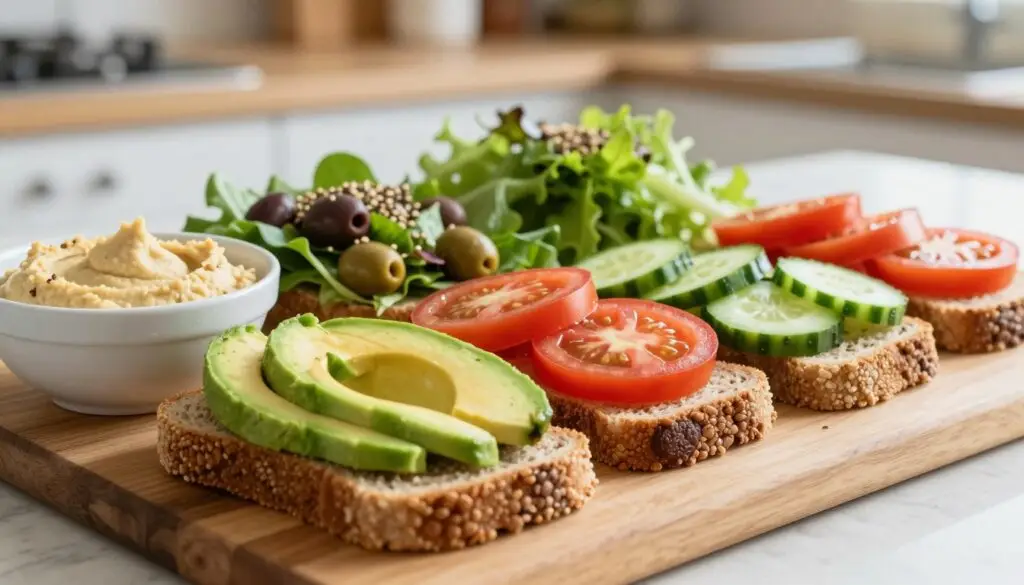 A beautifully arranged composition featuring a variety of healthy toppings to pair with slices of whole grain bread. In the foreground, vibrant slices of avocado, fresh tomatoes, and crisp cucumbers are artfully arranged on a wooden cutting board, accompanied by a small bowl of hummus. The middle ground showcases additional toppings like leafy greens, olives, and a sprinkle of seeds, creating a colorful and nutritious display. In the background, a soft-focus kitchen setting with warm, natural lighting enhances the inviting atmosphere. The scene captures a sense of wellness and healthiness, emphasizing the appealing aspects of nutritious eating. The angle should be slightly elevated to provide a clear view of the toppings, while maintaining a cozy feel, resembling a home kitchen. A beautifully arranged composition featuring a variety of healthy toppings to pair with slices of whole grain bread. In the foreground, vibrant slices of avocado, fresh tomatoes, and crisp cucumbers are artfully arranged on a wooden cutting board, accompanied by a small bowl of hummus. The middle ground showcases additional toppings like leafy greens, olives, and a sprinkle of seeds, creating a colorful and nutritious display. In the background, a soft-focus kitchen setting with warm, natural lighting enhances the inviting atmosphere. The scene captures a sense of wellness and healthiness, emphasizing the appealing aspects of nutritious eating. The angle should be slightly elevated to provide a clear view of the toppings, while maintaining a cozy feel, resembling a home kitchen.