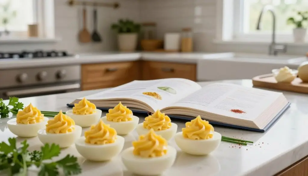 A beautifully arranged countertop in a well-lit kitchen, showcasing the step-by-step process of preparing deviled eggs. In the foreground, a close-up view features halves of soft-boiled eggs with vibrant yellow yolk and creamy filling artistically piped on top. Fresh herbs, like chives and parsley, add pops of green around the eggs. In the middle ground, an open recipe book displays key instructions alongside ingredients like mustard, mayonnaise, and paprika. The background features a cozy kitchen setting with wooden cabinets and hanging utensils, creating a warm and inviting atmosphere. Soft, natural light filters through a nearby window, enhancing the inviting ambiance. The scene conveys a sense of culinary delight and encourages the viewer to explore this tasty recipe.