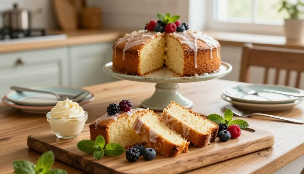 A beautifully arranged dessert table showcasing a freshly baked buttermilk cake, elegantly presented on a rustic wooden platter. The foreground features slices of the cake garnished with fresh berries and delicate mint leaves, with a small glass dish of creamy frosting nearby. In the middle ground, a charming, vintage cake stand holds the whole cake, drizzled with a glossy glaze, surrounded by colorful small plates and forks ready for serving. The background includes soft-focus elements of a cozy kitchen, bathed in warm, natural light from a nearby window, creating an inviting and homely atmosphere. The scene captures the essence of celebration and joy in sharing baked goods, encouraging viewers to think about presentation and storage ideas for their own creations.