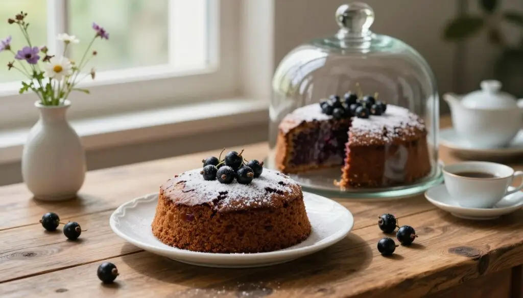 A beautifully arranged display of a blackcurrant cake, fresh and inviting, set on a rustic wooden table. In the foreground, the cake is elegantly presented on a delicate white plate, adorned with a sprinkle of powdered sugar and a few fresh blackcurrants scattered around. The middle ground features a charming glass cloche, partly lifted, revealing the moist cake inside, hinting at its freshness. In the background, soft natural light filters through a nearby window, casting gentle shadows and enhancing the inviting atmosphere. Feng shui elements like a small vase of wildflowers and a tea set complement the scene, creating a cozy, warm ambiance that suggests the joy of sharing and savoring delightful treats with loved ones.