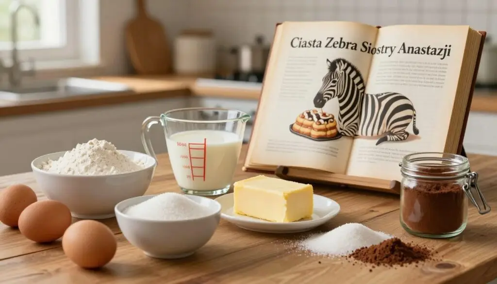 A beautifully arranged display of ingredients for "Ciasto Zebra Siostry Anastazji" on a rustic wooden kitchen table. In the foreground, there are fresh eggs, a bowl of flour, granulated sugar, and a jar of cocoa powder. In the middle, a delicate glass measuring cup filled with milk and a stick of butter, softened, rest beside a mixing bowl. The background features a soft focus of a warm, inviting kitchen with light streaming in through a window, highlighting a vintage cookbook open to a zebra cake recipe. The composition should emphasize warmth and homeliness, evoking a sense of nostalgia and comfort in baking. Soft, natural lighting accentuates textures and colors, creating an inviting atmosphere perfect for a baking article.