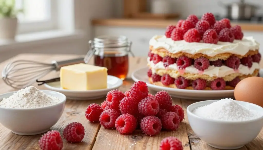 A beautifully arranged display of ingredients for a raspberry cloud cake, specifically showcasing a vibrant assortment on a rustic wooden table. In the foreground, fresh, plump raspberries glisten with dew, surrounded by bowls of flour, sugar, and eggs. The middle ground features a stick of creamy butter and a glass jar of vanilla extract, elegantly placed next to measuring cups and a metal whisk. In the background, soft, natural light filters through a window, creating an inviting and warm kitchen atmosphere. The scene conveys a sense of home baking, with hints of cozy ambiance through subtle shadows and highlights. The overall mood should evoke inspiration and excitement for crafting a delicious four-layer raspberry cake. A beautifully arranged display of ingredients for a raspberry cloud cake, specifically showcasing a vibrant assortment on a rustic wooden table. In the foreground, fresh, plump raspberries glisten with dew, surrounded by bowls of flour, sugar, and eggs. The middle ground features a stick of creamy butter and a glass jar of vanilla extract, elegantly placed next to measuring cups and a metal whisk. In the background, soft, natural light filters through a window, creating an inviting and warm kitchen atmosphere. The scene conveys a sense of home baking, with hints of cozy ambiance through subtle shadows and highlights. The overall mood should evoke inspiration and excitement for crafting a delicious four-layer raspberry cake.