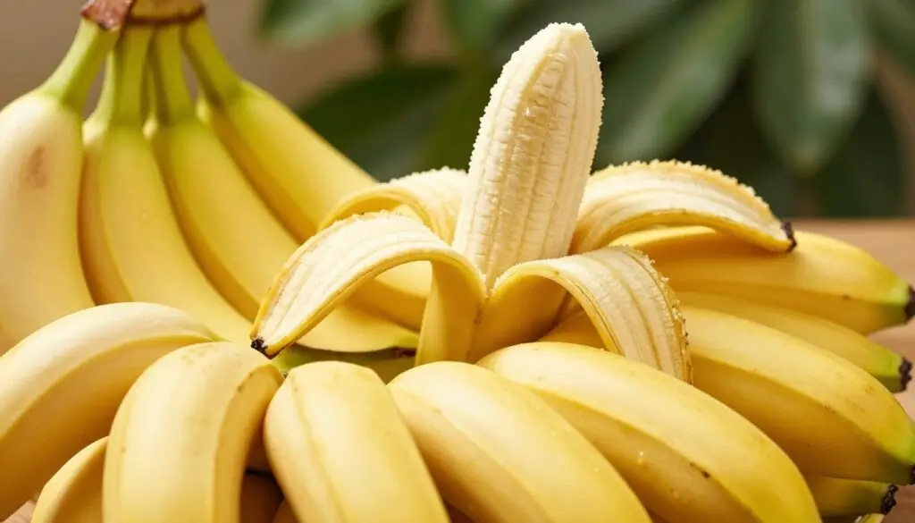 A beautifully arranged display of ripe bananas set against a soft, natural background that emphasizes their vibrant yellow color and unique texture. In the foreground, a close-up view of a few bananas, some with a slight sheen of moisture, showcasing their freshness. In the middle ground, a few banana peels elegantly placed to add visual interest and suggest the health benefits of bananas. The background features blurred green foliage, evoking a natural setting that suggests vitality and wellness. The lighting is warm and inviting, highlighting the bananas' curves, and the overall atmosphere is uplifting and wholesome, conveying the positive health impacts of consuming bananas regularly.