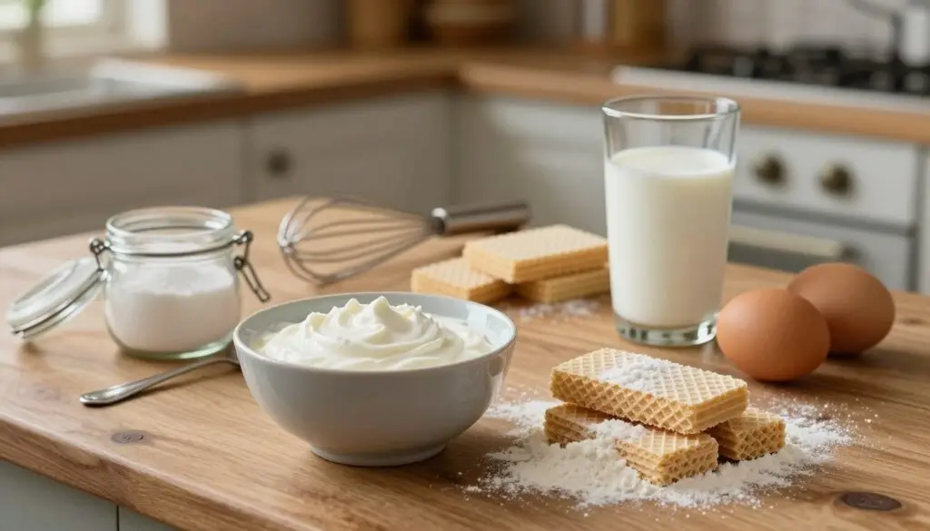 A beautifully arranged display of the essential ingredients for making wafers with powdered milk, set on a rustic wooden countertop. In the foreground, a bowl filled with creamy powdered milk sits next to a small pile of flour and a glass of fresh milk. A jar of sugar is open, with a spoon resting beside it, and a few eggs are elegantly placed nearby. In the middle ground, scattered baking utensils like a whisk and measuring cups add depth to the scene. The background features soft, warm lighting that creates a cozy atmosphere, with a blurred view of a vintage kitchen setting. The overall mood is inviting and homely, perfect for showcasing a beloved recipe.