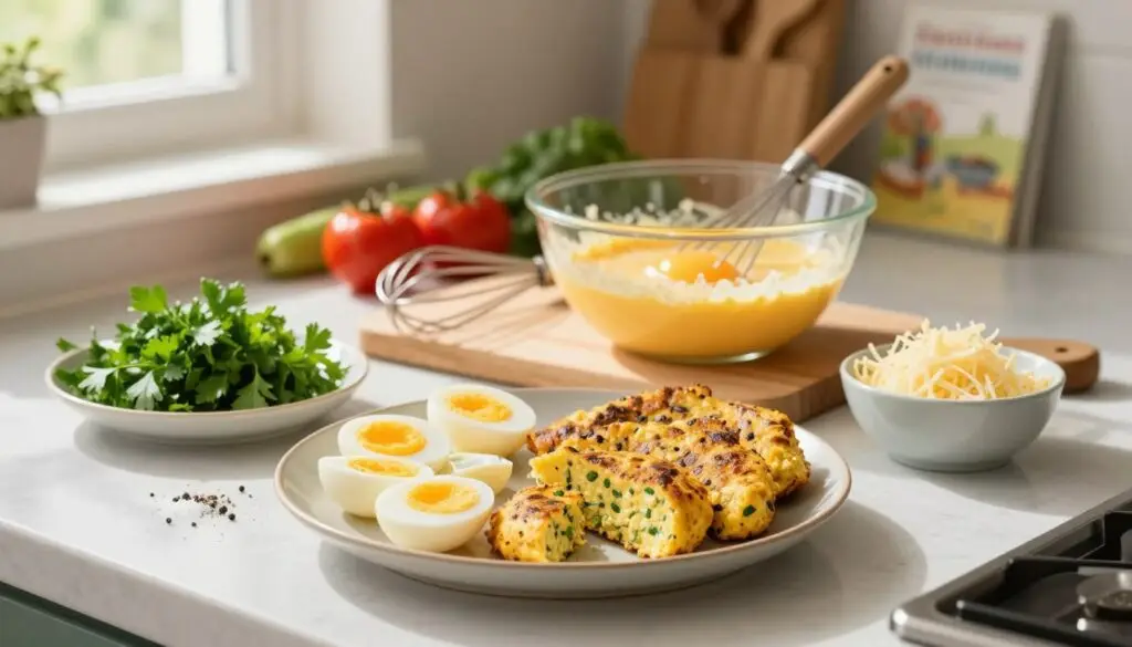 A beautifully arranged kitchen countertop featuring fresh ingredients for making traditional egg cutlets. In the foreground, showcase a bowl of boiled eggs, finely chopped parsley, and grated cheese. Include breadcrumbs, a small dish of salt, and a sprinkle of black pepper for added detail. The middle of the composition should include a wooden cutting board with a whisk and a mixing bowl partially filled with blended egg mixture. In the background, softly blurred kitchen elements like colorful vegetables, cooking utensils, and a cookbook add warmth and homeliness. The scene is well-lit with natural sunlight streaming through a nearby window, casting soft shadows and creating a bright, inviting atmosphere. The mood is cheerful and cozy, perfect for a cooking article. A beautifully arranged kitchen countertop featuring fresh ingredients for making traditional egg cutlets. In the foreground, showcase a bowl of boiled eggs, finely chopped parsley, and grated cheese. Include breadcrumbs, a small dish of salt, and a sprinkle of black pepper for added detail. The middle of the composition should include a wooden cutting board with a whisk and a mixing bowl partially filled with blended egg mixture. In the background, softly blurred kitchen elements like colorful vegetables, cooking utensils, and a cookbook add warmth and homeliness. The scene is well-lit with natural sunlight streaming through a nearby window, casting soft shadows and creating a bright, inviting atmosphere. The mood is cheerful and cozy, perfect for a cooking article.