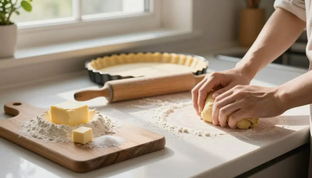 A beautifully arranged kitchen countertop featuring the preparation of a crumbly dough for a pastry base. In the foreground, a wooden cutting board holds a mound of flour, with butter cubes and a sprinkle of sugar beside it. Nearby, a pair of clean hands gently knead the dough, presenting an inviting and homely atmosphere. In the middle, a rolling pin and a circular tart pan reflect soft natural light coming from a window in the background, which shows a glimpse of green plants outside. The overall mood is warm and inviting, evoking the comfort of baking at home with sunlight filtering in, creating a serene and encouraging environment for cooking.