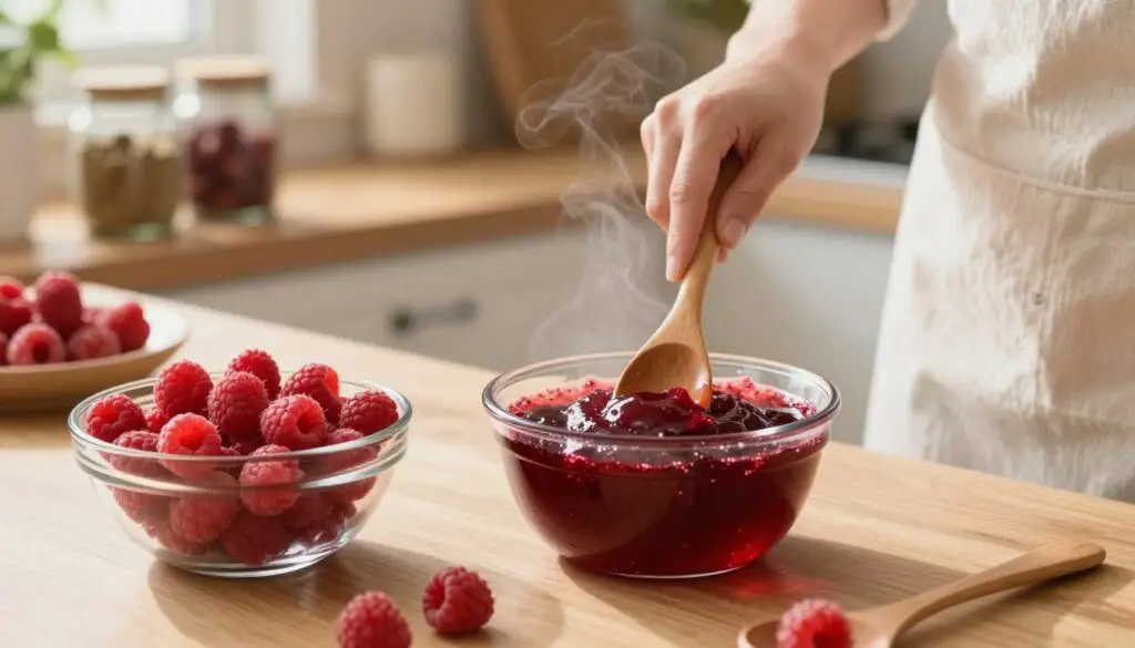 A beautifully arranged kitchen countertop set for preparing raspberry jelly. In the foreground, a glass bowl filled with fresh raspberries, some whole and others slightly crushed, emitting a vibrant red color. Nearby, a small saucepan with shimmering liquid jelly mixture, steam rising gently. In the middle, a wooden spoon rests against the bowl, and a hand in a modest white apron is stirring the mixture, emphasizing the process. The background features a cozy kitchen setting with soft, warm lighting, shelves adorned with jars of spices and fresh ingredients. The atmosphere feels inviting and homely, perfect for illustrating the art of making raspberry jelly for a cake. Use a natural light source for a warm, appetizing glow, shot from a slight overhead angle. A beautifully arranged kitchen countertop set for preparing raspberry jelly. In the foreground, a glass bowl filled with fresh raspberries, some whole and others slightly crushed, emitting a vibrant red color. Nearby, a small saucepan with shimmering liquid jelly mixture, steam rising gently. In the middle, a wooden spoon rests against the bowl, and a hand in a modest white apron is stirring the mixture, emphasizing the process. The background features a cozy kitchen setting with soft, warm lighting, shelves adorned with jars of spices and fresh ingredients. The atmosphere feels inviting and homely, perfect for illustrating the art of making raspberry jelly for a cake. Use a natural light source for a warm, appetizing glow, shot from a slight overhead angle.