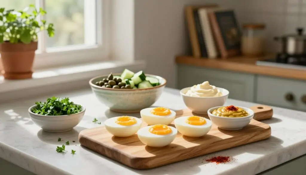 A beautifully arranged kitchen countertop showcasing the classic ingredients for stuffed eggs, inspired by Sister Anastasia’s recipe. In the foreground, a wooden cutting board displays halved boiled eggs, with the yolks carefully scooped out. Surrounding the eggs are small bowls filled with finely chopped parsley, mayonnaise, mustard, and a sprinkle of paprika. In the middle ground, a vintage ceramic bowl holds additional ingredients like diced cucumbers and capers. Soft, natural light streams in from a nearby window, casting gentle shadows and creating a warm, inviting atmosphere. The background features a cozy kitchen with potted herbs and a rustic wooden shelf filled with cookbooks, enhancing the homey feel of culinary tradition and comfort.