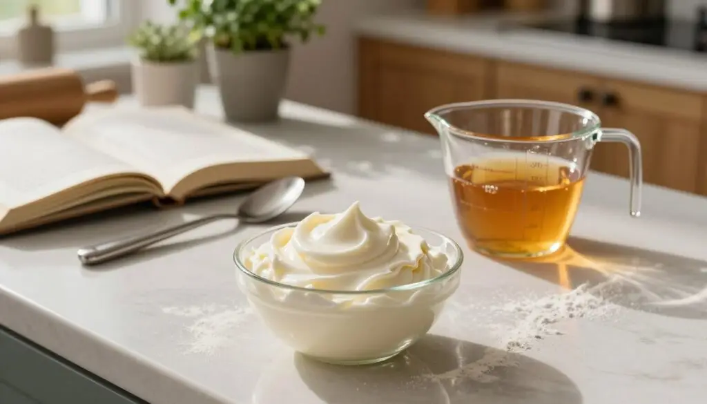 A beautifully arranged kitchen countertop, showcasing the preparation of cake syrup and cream. In the foreground, a small, elegant bowl filled with rich, velvety cream, glistening under soft, natural light. Nearby, a measuring cup with golden syrup, its surface catching the warm hues of sunlight. The middle ground features stainless steel utensils and open recipe books, with hints of flour and sugar dusting the surfaces. In the background, a cozy kitchen setting, with a wooden cabinet and potted herbs, adding warmth to the scene. Soft shadows create a comforting atmosphere, inviting the viewer to imagine the delightful process of baking. The image is captured with a shallow focus, enhancing the textures and making the cream and syrup the focal point. A beautifully arranged kitchen countertop, showcasing the preparation of cake syrup and cream. In the foreground, a small, elegant bowl filled with rich, velvety cream, glistening under soft, natural light. Nearby, a measuring cup with golden syrup, its surface catching the warm hues of sunlight. The middle ground features stainless steel utensils and open recipe books, with hints of flour and sugar dusting the surfaces. In the background, a cozy kitchen setting, with a wooden cabinet and potted herbs, adding warmth to the scene. Soft shadows create a comforting atmosphere, inviting the viewer to imagine the delightful process of baking. The image is captured with a shallow focus, enhancing the textures and making the cream and syrup the focal point.