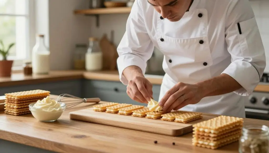 A beautifully arranged kitchen scene focused on the preparation of delicate cream-filled wafers, showcasing an elegant wooden table at the foreground. On the table, there are neatly stacked golden-brown wafers, a small bowl of rich, creamy filling, and a whisk. In the middle, a skillful chef, dressed in a neat white apron and professional attire, has a concentrated expression as they meticulously spread the cream between wafers. In the background, soft natural light filters through a window, illuminating a rustic shelf lined with cooking ingredients like milk powder and vanilla extracts, creating a warm and inviting atmosphere. The overall mood is one of culinary mastery and experimental joy, perfect for imparting expert tips.