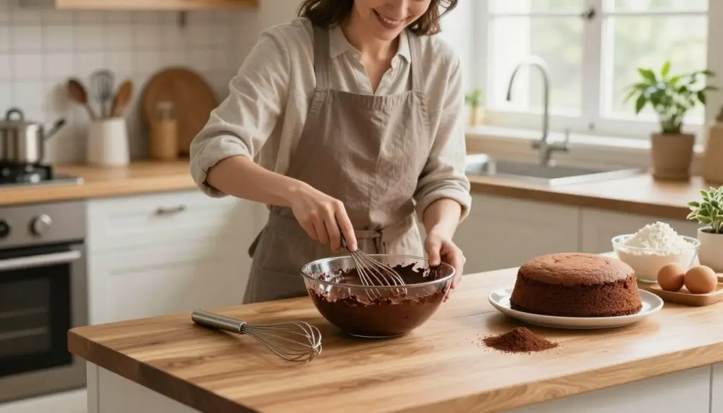 A beautifully arranged kitchen scene showcasing the preparation of cocoa sponge cake. In the foreground, a clean wooden countertop features a mixing bowl filled with smooth, dark chocolate batter, a whisk resting beside it. Nearby, ingredients like flour, eggs, and cocoa powder are neatly presented. The middle layer captures a baker in a modest casual outfit, focused on folding the batter, with a warm smile on her face. In the background, soft natural light streams through a window, illuminating the entire scene, creating a cozy atmosphere. The kitchen is decorated with vintage baking tools and a potted plant, enhancing the inviting feel. The overall mood is warm and inspiring, perfect for a comforting dessert preparation. A beautifully arranged kitchen scene showcasing the preparation of cocoa sponge cake. In the foreground, a clean wooden countertop features a mixing bowl filled with smooth, dark chocolate batter, a whisk resting beside it. Nearby, ingredients like flour, eggs, and cocoa powder are neatly presented. The middle layer captures a baker in a modest casual outfit, focused on folding the batter, with a warm smile on her face. In the background, soft natural light streams through a window, illuminating the entire scene, creating a cozy atmosphere. The kitchen is decorated with vintage baking tools and a potted plant, enhancing the inviting feel. The overall mood is warm and inspiring, perfect for a comforting dessert preparation.