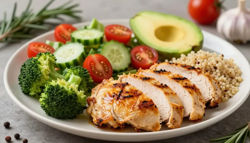 A beautifully arranged plate featuring a variety of chicken dishes, highlighting the full nutritional value of chicken. In the foreground, display slices of grilled chicken breast with a golden-brown crust, broccoli florets, and a small serving of quinoa. In the middle, include a colorful salad with cherry tomatoes, cucumber, and avocado, symbolizing the vitamins and minerals found in chicken. In the background, soft-focus herbs and spices, like rosemary and garlic, suggest flavor and depth. The lighting is warm and inviting, creating a cozy, home-cooked atmosphere. Capture the scene from a slightly elevated angle to showcase the vibrant colors and textures, evoking a sense of wholesome nutrition and balance. A beautifully arranged plate featuring a variety of chicken dishes, highlighting the full nutritional value of chicken. In the foreground, display slices of grilled chicken breast with a golden-brown crust, broccoli florets, and a small serving of quinoa. In the middle, include a colorful salad with cherry tomatoes, cucumber, and avocado, symbolizing the vitamins and minerals found in chicken. In the background, soft-focus herbs and spices, like rosemary and garlic, suggest flavor and depth. The lighting is warm and inviting, creating a cozy, home-cooked atmosphere. Capture the scene from a slightly elevated angle to showcase the vibrant colors and textures, evoking a sense of wholesome nutrition and balance.
