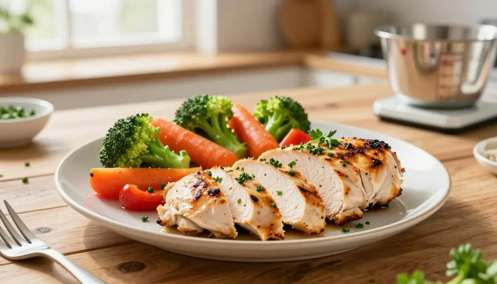 A beautifully arranged plate of grilled chicken breast, sliced to showcase its juicy, tender texture, garnished with fresh herbs like parsley and thyme. The dish is served alongside a colorful medley of steamed vegetables, including broccoli, carrots, and bell peppers, placed on a rustic wooden table. In the background, there's a sunlit kitchen with soft, natural light streaming through a window, creating a warm atmosphere. The focus is sharp on the chicken and vegetables, while the background has a gentle bokeh effect to subtly emphasize the meal. A measuring cup and scale are included to highlight the aspect of portion control and dietary planning, enhancing the informative theme of healthy eating. A beautifully arranged plate of grilled chicken breast, sliced to showcase its juicy, tender texture, garnished with fresh herbs like parsley and thyme. The dish is served alongside a colorful medley of steamed vegetables, including broccoli, carrots, and bell peppers, placed on a rustic wooden table. In the background, there's a sunlit kitchen with soft, natural light streaming through a window, creating a warm atmosphere. The focus is sharp on the chicken and vegetables, while the background has a gentle bokeh effect to subtly emphasize the meal. A measuring cup and scale are included to highlight the aspect of portion control and dietary planning, enhancing the informative theme of healthy eating.