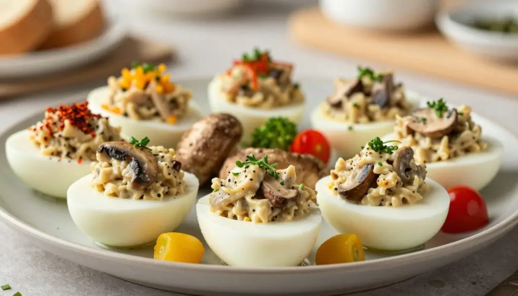 A beautifully arranged platter of stuffed eggs with mushrooms, showcasing various elegant presentations. In the foreground, focus on several halved eggs filled with a creamy mushroom mixture, garnished with fresh herbs, and tiny colorful vegetables for contrast. In the middle ground, include additional variations of stuffed eggs with different toppings like paprika, chives, or cherry tomatoes, all reflecting a vibrant and inviting appearance. The background features a softly blurred kitchen setting, enhancing the homely atmosphere, with warm, natural lighting illuminating the dish. Use a shallow depth of field to create an intimate feel, as if the viewer is invited to enjoy a delicious homemade meal. The overall mood should convey comfort and culinary creativity.