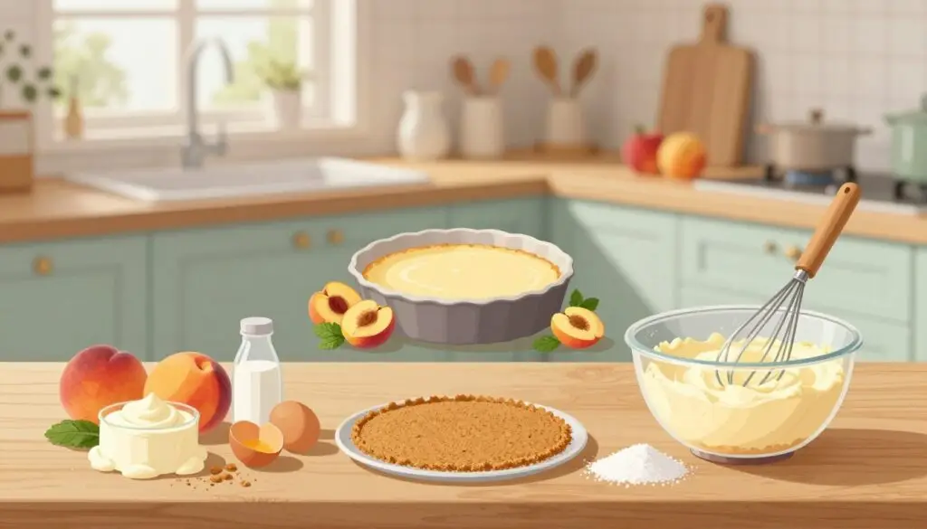 A beautifully arranged step-by-step illustration of cheesecake preparation, focusing on a light and airy kitchen setting. In the foreground, a wooden countertop is adorned with ingredients: cream cheese, peaches, eggs, sugar, and a graham cracker crust. A mixing bowl and whisk show the process of blending ingredients. The middle layer includes a baking dish filled with the prepared cheesecake mixture, surrounded by fresh peaches and mint leaves for garnish. In the background, soft natural light streams through a window, illuminating a cozy kitchen with pastel-colored cabinets and baking tools neatly organized. The atmosphere is inviting and warm, evoking a sense of home baking. The focus is on the cheesecake-making process, inviting viewers to engage with each step visually. A beautifully arranged step-by-step illustration of cheesecake preparation, focusing on a light and airy kitchen setting. In the foreground, a wooden countertop is adorned with ingredients: cream cheese, peaches, eggs, sugar, and a graham cracker crust. A mixing bowl and whisk show the process of blending ingredients. The middle layer includes a baking dish filled with the prepared cheesecake mixture, surrounded by fresh peaches and mint leaves for garnish. In the background, soft natural light streams through a window, illuminating a cozy kitchen with pastel-colored cabinets and baking tools neatly organized. The atmosphere is inviting and warm, evoking a sense of home baking. The focus is on the cheesecake-making process, inviting viewers to engage with each step visually.