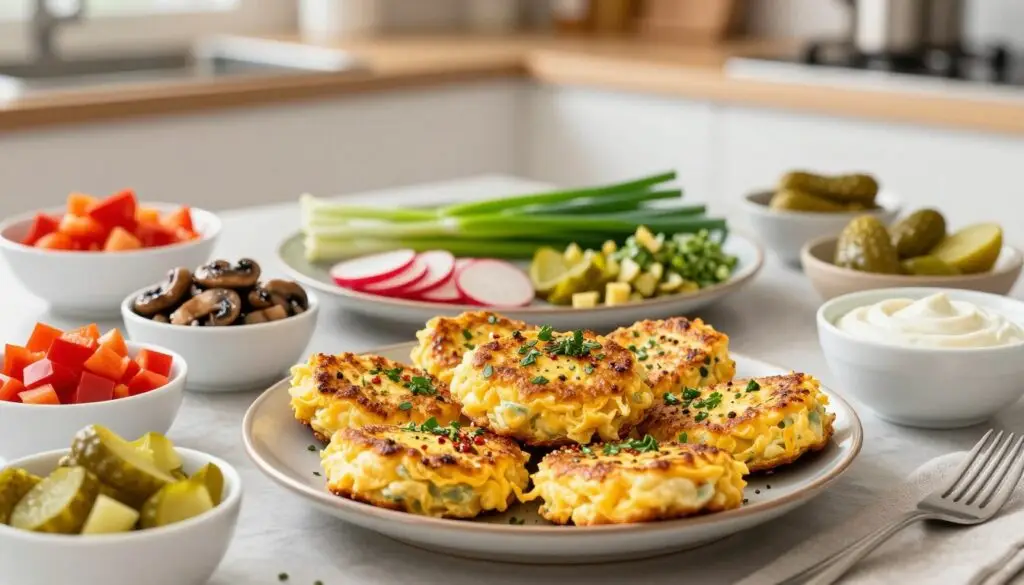 A beautifully arranged table showcasing various flavorful additions and variations for egg patties. In the foreground, a plate of golden, crisp egg patties garnished with fresh herbs and spices. Surrounding them are small bowls filled with colorful ingredients like diced bell peppers, sautéed mushrooms, tangy pickles, and a rich, creamy sauce. In the middle, an elegant serving platter features a variety of garnishes such as sliced radishes and green onions. The background features a soft-focus kitchen setting with natural light streaming in, highlighting the inviting atmosphere. The composition should evoke a sense of warmth and creativity, inviting the viewer to explore different ways to enhance the classic egg patties. The scene is vibrant, fresh, and appetizing, perfect for culinary inspiration. A beautifully arranged table showcasing various flavorful additions and variations for egg patties. In the foreground, a plate of golden, crisp egg patties garnished with fresh herbs and spices. Surrounding them are small bowls filled with colorful ingredients like diced bell peppers, sautéed mushrooms, tangy pickles, and a rich, creamy sauce. In the middle, an elegant serving platter features a variety of garnishes such as sliced radishes and green onions. The background features a soft-focus kitchen setting with natural light streaming in, highlighting the inviting atmosphere. The composition should evoke a sense of warmth and creativity, inviting the viewer to explore different ways to enhance the classic egg patties. The scene is vibrant, fresh, and appetizing, perfect for culinary inspiration.