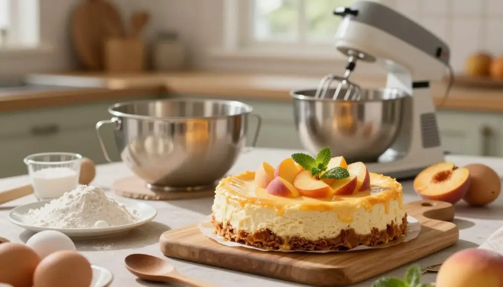 A beautifully arranged tabletop scene focused on baking tips for achieving the perfect cheesecake. In the foreground, a perfectly baked peach cheesecake is displayed on a wooden cutting board, adorned with fresh peach slices and a delicate mint leaf. Surrounding the cheesecake, there are scattered ingredients: flour, sugar, eggs, and a measuring cup, along with a wooden spoon. In the middle ground, a vintage mixing bowl and an electric mixer hint at the baking process. The background features a cozy kitchen setting, with soft natural light filtering through a window, casting gentle shadows and creating a warm, inviting atmosphere. The overall mood is comforting and inspiring, evoking creativity in baking. The composition should have a shallow depth of field to emphasize the dessert while softly blurring the kitchen backdrop. A beautifully arranged tabletop scene focused on baking tips for achieving the perfect cheesecake. In the foreground, a perfectly baked peach cheesecake is displayed on a wooden cutting board, adorned with fresh peach slices and a delicate mint leaf. Surrounding the cheesecake, there are scattered ingredients: flour, sugar, eggs, and a measuring cup, along with a wooden spoon. In the middle ground, a vintage mixing bowl and an electric mixer hint at the baking process. The background features a cozy kitchen setting, with soft natural light filtering through a window, casting gentle shadows and creating a warm, inviting atmosphere. The overall mood is comforting and inspiring, evoking creativity in baking. The composition should have a shallow depth of field to emphasize the dessert while softly blurring the kitchen backdrop.