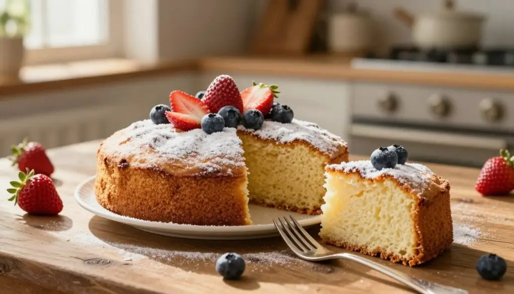 A beautifully baked cake made with buttermilk, inspired by Sister Anastasia's recipe, sits on a rustic wooden table. The cake, adorned with a delicate dusting of powdered sugar, features a fluffy, moist texture and is garnished with fresh berries, such as strawberries and blueberries, adding vibrant colors. A fork rests beside a slice that has been cut, revealing its tender interior. In the background, a softly blurred kitchen setting is visible, with warm, golden lighting illuminating the scene, creating a cozy, inviting atmosphere. The image should have a shallow depth of field to enhance the focus on the cake, with natural light streaming through a nearby window, casting gentle shadows that evoke a sense of warmth and homeliness.