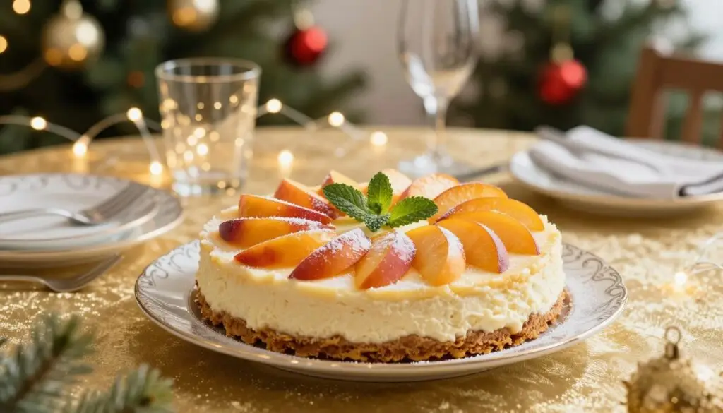 A beautifully decorated Christmas cheesecake with peaches, presented on an elegant porcelain plate. In the foreground, the cheesecake is adorned with thinly sliced, glistening peaches arranged in a circular pattern atop a smooth, creamy surface. A light dusting of powdered sugar adds a touch of sweetness, while sprigs of fresh mint provide a vibrant contrast. In the middle ground, a festive table setting includes a shimmering golden tablecloth and delicate, twinkling fairy lights creating a warm ambiance. Soft, natural lighting highlights the dessert, creating inviting shadows. The background features a softly blurred Christmas tree, adorned with colorful ornaments and gentle lights, enhancing the cheerful holiday mood. The image captures a perfect blend of elegance and festive joy, inviting viewers to celebrate. A beautifully decorated Christmas cheesecake with peaches, presented on an elegant porcelain plate. In the foreground, the cheesecake is adorned with thinly sliced, glistening peaches arranged in a circular pattern atop a smooth, creamy surface. A light dusting of powdered sugar adds a touch of sweetness, while sprigs of fresh mint provide a vibrant contrast. In the middle ground, a festive table setting includes a shimmering golden tablecloth and delicate, twinkling fairy lights creating a warm ambiance. Soft, natural lighting highlights the dessert, creating inviting shadows. The background features a softly blurred Christmas tree, adorned with colorful ornaments and gentle lights, enhancing the cheerful holiday mood. The image captures a perfect blend of elegance and festive joy, inviting viewers to celebrate.