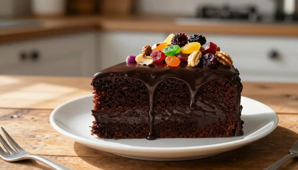 A beautifully decorated slice of cake, glistening with rich chocolate icing cascading down the sides. The top is adorned with an assortment of colorful nuts and dried fruits, creating a vibrant contrast against the dark chocolate. The cake sits on an elegant white plate, placed on a rustic wooden table, adding warmth to the scene. Soft, natural light streams in from the side, casting gentle shadows that enhance the texture of the cake and the glaze. In the background, a blurred kitchen setting with hints of baking tools and ingredients contributes to a cozy, inviting atmosphere. The overall mood is indulgent and celebratory, perfect for showcasing a delightful dessert.