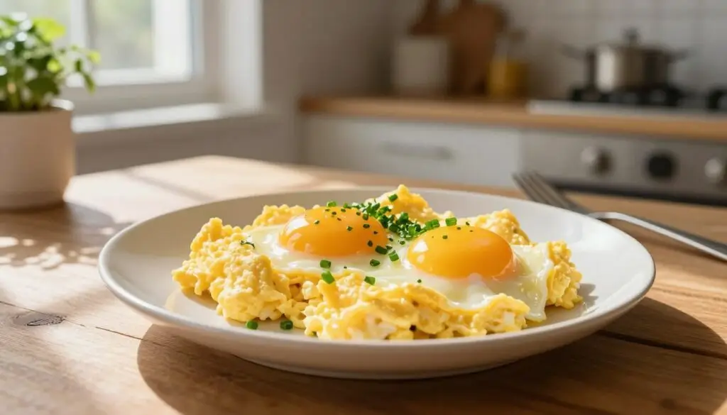 A beautifully plated dish of scrambled eggs made from two eggs, showcasing a fluffy and creamy texture, garnished with fresh herbs like chives or parsley. The foreground features a wooden table with a rustic, homey feel, while delicate sunlight streams through a nearby window, casting soft shadows. In the background, a cozy kitchen can be seen, with subtle details like a potted plant and gleaming kitchen utensils. The colors are warm and inviting, enhancing the healthy and nourishing vibe of the meal. The mood is wholesome and cheerful, emphasizing that scrambled eggs can be a nutritious choice in a balanced diet. Natural lighting brings out the rich yellows of the eggs and the fresh greens of the herbs.