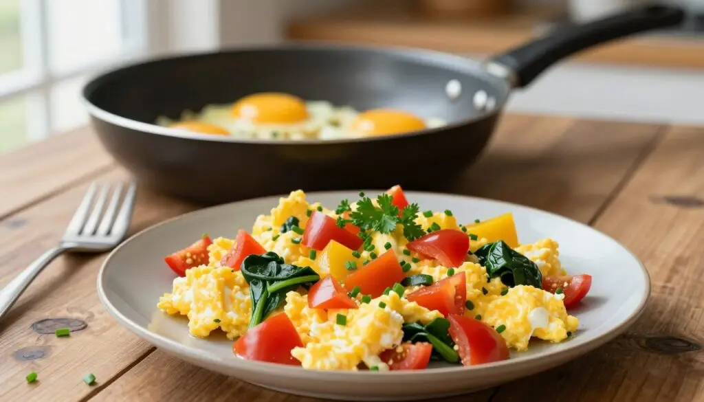 A beautifully plated scrambled eggs dish on a rustic wooden table, showcasing lighter, nutrient-rich ingredients. In the foreground, fluffy scrambled eggs made with egg whites and colorful diced bell peppers, spinach, and tomatoes, garnished with fresh herbs like chives and parsley. In the middle, a stylish frying pan contains the eggs sizzling, with a spatula resting beside. The background has a softly blurred kitchen setting with hints of cooking utensils and light coming in from a window, creating a warm and inviting atmosphere. The lighting is natural, highlighting the vibrant colors of the ingredients and enhancing the fresh, wholesome feel of a healthy breakfast preparation.