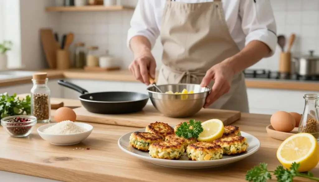 A bright kitchen setting with a wooden countertop, featuring an organized workspace for making egg patties. In the foreground, a plate with beautifully arranged, golden-brown kotlet jajecznych garnished with fresh parsley and slices of lemon. To the side, ingredients like boiled eggs, breadcrumbs, and spices are artfully displayed. In the middle ground, a skilled chef in a neat, modest apron is demonstrating the preparation process, using a mixing bowl and a frying pan. The background showcases kitchen shelves filled with spices and utensils, enhancing the cooking atmosphere. Soft, natural lighting floods the scene, creating a warm and inviting mood. The angle captures both the preparation and the finished dish, emphasizing the step-by-step instruction theme. A bright kitchen setting with a wooden countertop, featuring an organized workspace for making egg patties. In the foreground, a plate with beautifully arranged, golden-brown kotlet jajecznych garnished with fresh parsley and slices of lemon. To the side, ingredients like boiled eggs, breadcrumbs, and spices are artfully displayed. In the middle ground, a skilled chef in a neat, modest apron is demonstrating the preparation process, using a mixing bowl and a frying pan. The background showcases kitchen shelves filled with spices and utensils, enhancing the cooking atmosphere. Soft, natural lighting floods the scene, creating a warm and inviting mood. The angle captures both the preparation and the finished dish, emphasizing the step-by-step instruction theme.