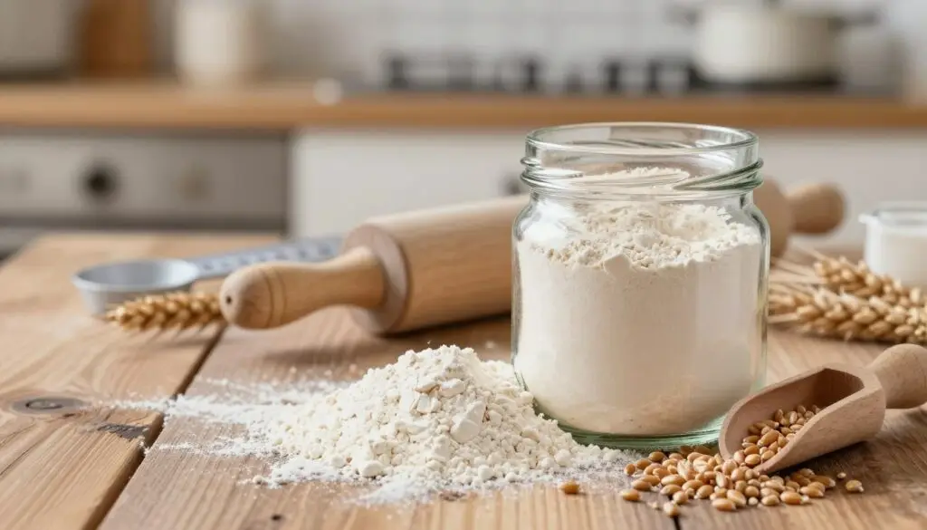 A close-up arrangement of krupczatka flour, displaying its fine texture and powdery quality on a rustic wooden table. In the foreground, a clear glass jar filled with flour radiates a soft glow, capturing the light and emphasizing its purity. Surrounding the jar, whole wheat grains and a wooden scoop hint at its origins. In the middle ground, baking tools like a rolling pin and measuring cups are thoughtfully placed, showcasing their functionality. The background features a softly blurred kitchen scene, with warm lighting to evoke a cozy atmosphere. The overall mood is inviting and serene, perfect for capturing the essence of baking with this unique flour variety.