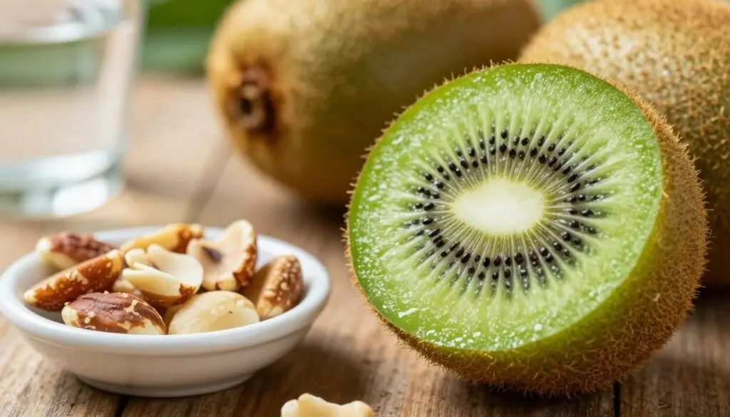 A close-up image featuring a kiwi fruit partially sliced to reveal its vibrant green flesh, with its tiny black seeds shimmering under soft, natural lighting. In the foreground, include a small dish displaying common allergens like nuts and a small glass of water, symbolizing potential health considerations related to kiwi consumption. In the middle ground, create a blurred background of a rustic wooden table to enhance the scene's warmth, complemented by subtle hints of greenery and natural elements. The overall mood should be informative yet inviting, emphasizing both the beauty of the kiwi and the important health warnings associated with it. Use a shallow depth of field to keep the focus on the kiwi and the dish of allergens.