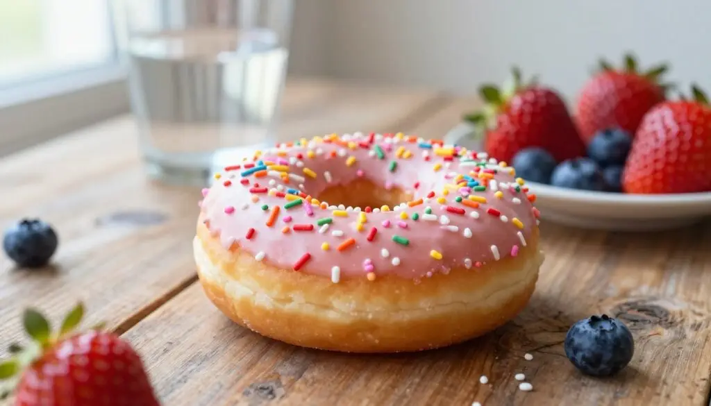 A close-up of a donut (pączek) on a rustic wooden table, with a vibrant pastel glaze topped with colorful sprinkles. The donut is placed beside a plate of fresh fruit, including strawberries and blueberries, to symbolize balanced nutrition. In the background, blurred elements like a glass of water and a sunlight-drenched window create a warm, inviting atmosphere. Soft natural lighting enhances the textures and colors of the donut and fruits. The mood is cheerful yet thoughtful, emphasizing the impact of indulgent treats on blood sugar levels and energy fluctuations. A shallow depth of field focuses on the donut while softly blurring the background, evoking a sense of exploration into the nutrition behind the sweet treat. A close-up of a donut (pączek) on a rustic wooden table, with a vibrant pastel glaze topped with colorful sprinkles. The donut is placed beside a plate of fresh fruit, including strawberries and blueberries, to symbolize balanced nutrition. In the background, blurred elements like a glass of water and a sunlight-drenched window create a warm, inviting atmosphere. Soft natural lighting enhances the textures and colors of the donut and fruits. The mood is cheerful yet thoughtful, emphasizing the impact of indulgent treats on blood sugar levels and energy fluctuations. A shallow depth of field focuses on the donut while softly blurring the background, evoking a sense of exploration into the nutrition behind the sweet treat.