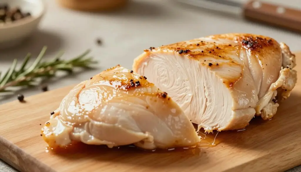 A close-up of a perfectly cooked chicken breast, sliced to reveal its juicy interior, highlighting the effect of heat treatment on protein structure. In the foreground, showcase the moist, tender texture of the chicken, glistening under soft, warm light to emphasize its juiciness. In the middle ground, include a simple wooden cutting board with herbs and spices scattered around for a natural touch. The background features a blurred kitchen setting with subtle hints of cooking tools, creating a warm, inviting atmosphere. The image conveys a sense of scientific inquiry into the nutritional transformation of chicken protein through cooking methods, enhancing the educational aspect while remaining visually appealing and informative. A close-up of a perfectly cooked chicken breast, sliced to reveal its juicy interior, highlighting the effect of heat treatment on protein structure. In the foreground, showcase the moist, tender texture of the chicken, glistening under soft, warm light to emphasize its juiciness. In the middle ground, include a simple wooden cutting board with herbs and spices scattered around for a natural touch. The background features a blurred kitchen setting with subtle hints of cooking tools, creating a warm, inviting atmosphere. The image conveys a sense of scientific inquiry into the nutritional transformation of chicken protein through cooking methods, enhancing the educational aspect while remaining visually appealing and informative.