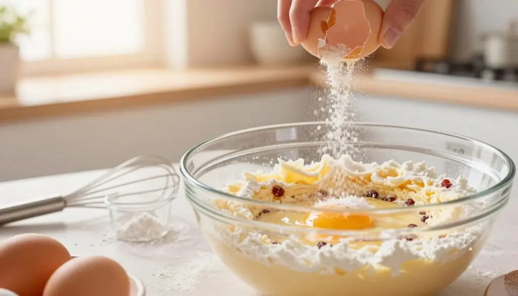 A close-up view of a light, fluffy sponge cake preparation process, showcasing a beautifully whisked mixture in a large glass bowl. The foreground features delicate eggs being cracked, with a dusting of flour and sugar cascading around. In the middle, the counter is adorned with baking tools like a whisk and measuring cups, all set against a soft pastel-colored kitchen. In the background, warm sunlight filters through a window, creating a cozy and inviting atmosphere. The scene should evoke a sense of home baking, with gentle highlights illuminating the textures of the cake batter. The angle is slightly tilted to capture the vibrancy of the ingredients, emphasizing the delicate layer being prepared for a currant cake. The overall mood is warm and cheerful, perfect for a baking scene.