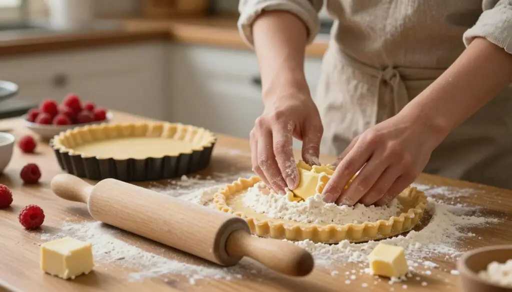 A close-up view of a rustic kitchen countertop, where a person in a modest casual outfit is preparing a buttery shortcrust pastry for a dessert. In the foreground, there's a wooden rolling pin resting on a floured surface, with small pieces of butter and sugar scattered around. The person’s hands can be seen mixing flour and butter in a bowl, showcasing the tactile process of making the crust. In the middle, there’s a tart pan ready to be filled, with hints of fresh raspberries in the background, evoking the recipe's theme. The soft, warm lighting creates a cozy atmosphere, highlighting the textures of the ingredients, while a blurred, homely kitchen setting forms the backdrop, conveying the warmth of baking. A close-up view of a rustic kitchen countertop, where a person in a modest casual outfit is preparing a buttery shortcrust pastry for a dessert. In the foreground, there's a wooden rolling pin resting on a floured surface, with small pieces of butter and sugar scattered around. The person’s hands can be seen mixing flour and butter in a bowl, showcasing the tactile process of making the crust. In the middle, there’s a tart pan ready to be filled, with hints of fresh raspberries in the background, evoking the recipe's theme. The soft, warm lighting creates a cozy atmosphere, highlighting the textures of the ingredients, while a blurred, homely kitchen setting forms the backdrop, conveying the warmth of baking.